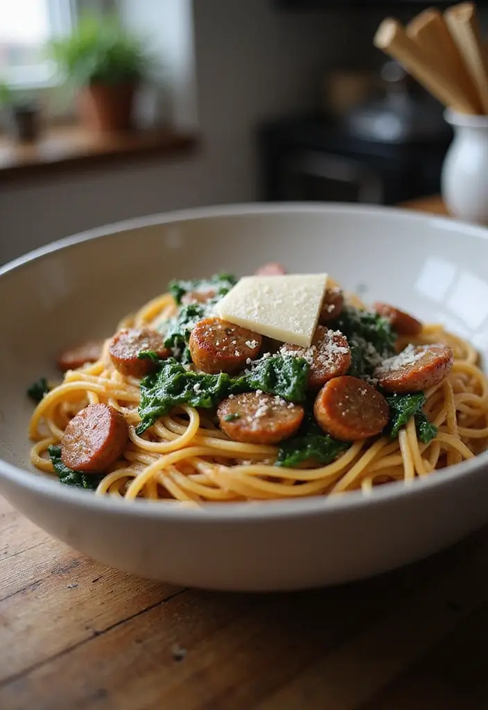 25 Healthy Weeknight Family Meal Recipes Made Easy - 21. One-Pot Spaghetti with Spinach and Sausage
