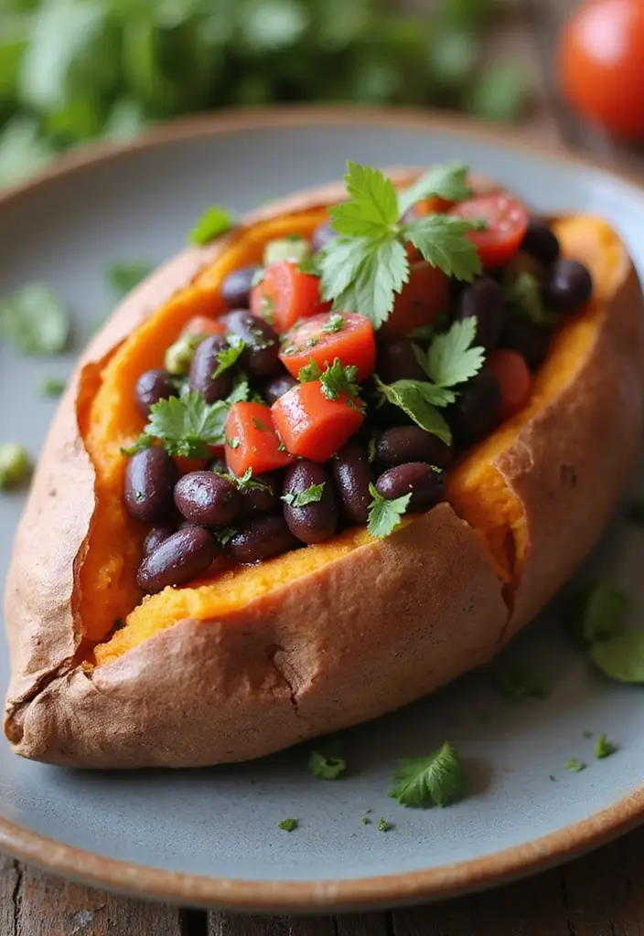 26 Family Friendly Lean and Green Meals That Taste Great - 17. Baked Sweet Potato with Black Bean Salsa
