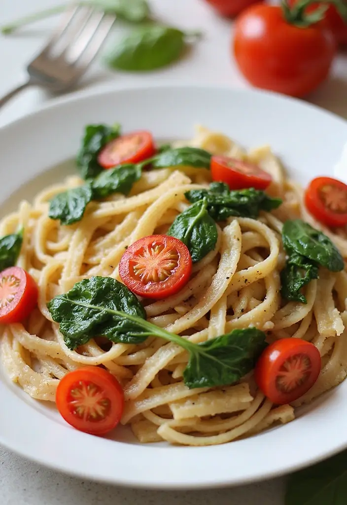 28 Low Calorie Healthy Family Dinner Recipes to Try - 9. Whole Wheat Pasta with Cherry Tomatoes and Spinach